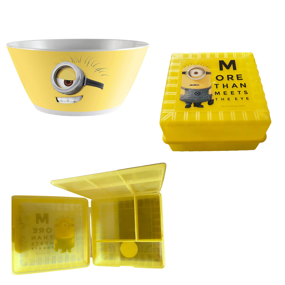 Minions Kids Bowl & Yellow Bento Lunch Box Bundle Divided Snack Container Set